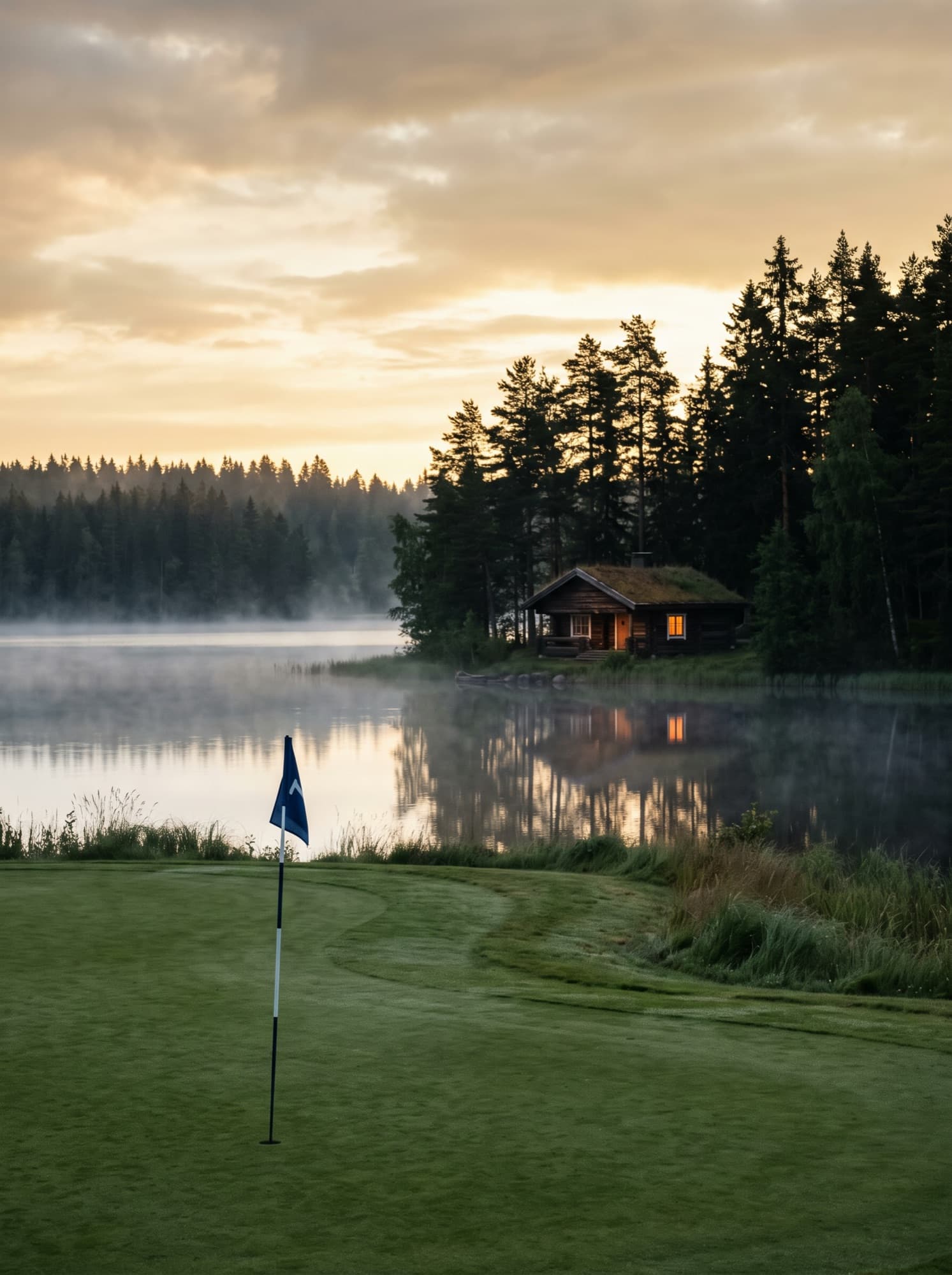 En golfgreen och en strandstuga en finländsk sommarkväll