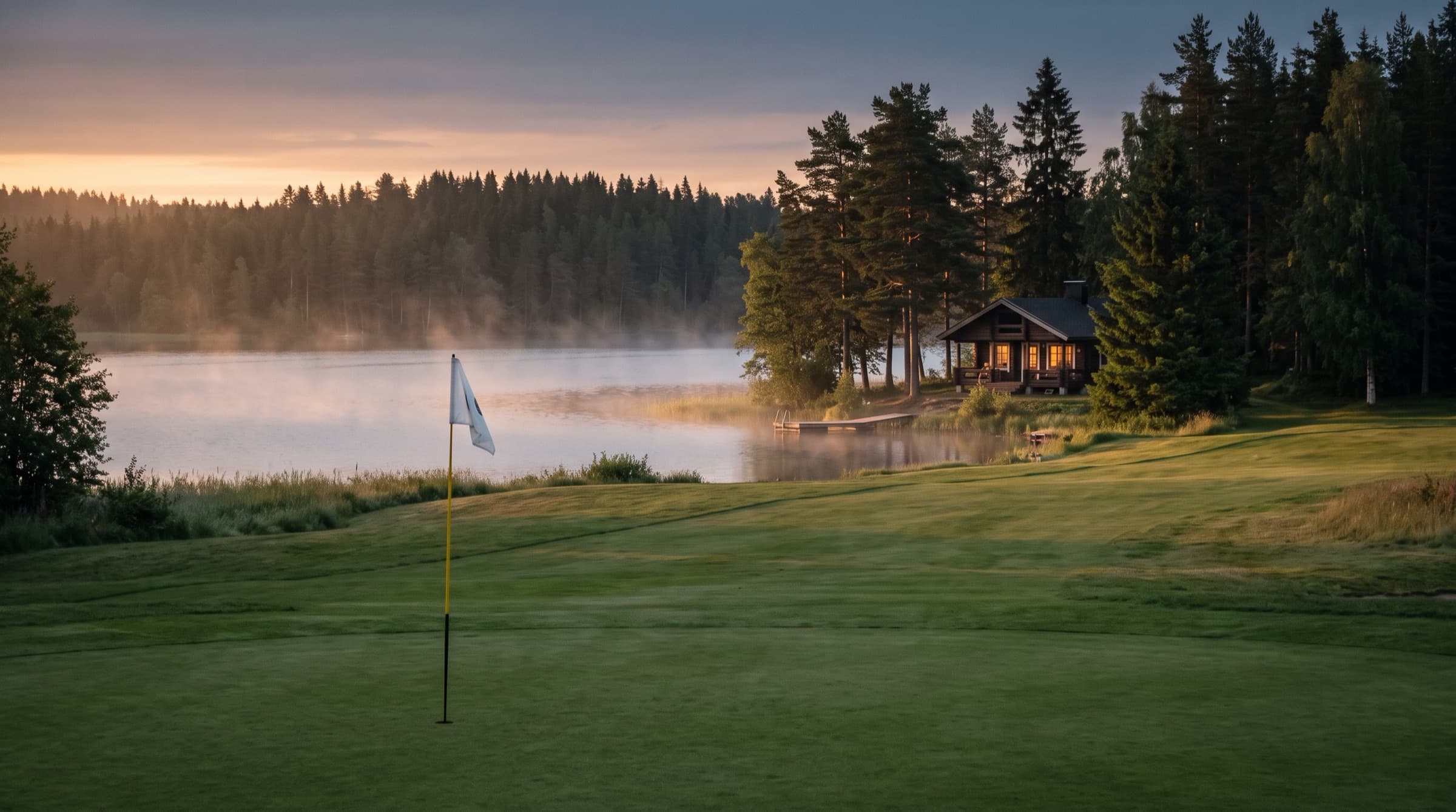 Golfviheriö ja järvenrantamökki suomalaisessa kesäillassa