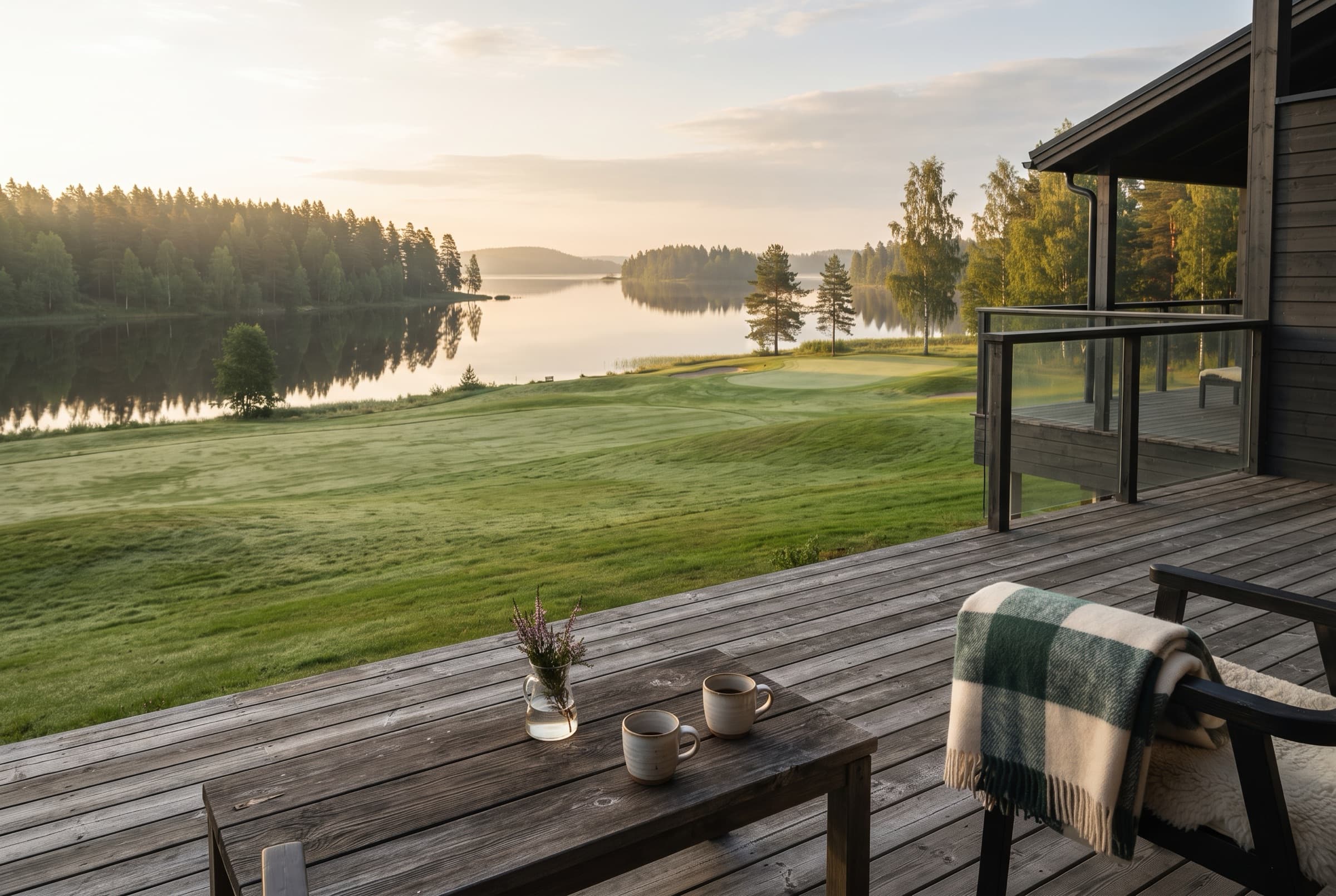 Mökin terassi golfväylän ja järven äärellä aamuvalossa