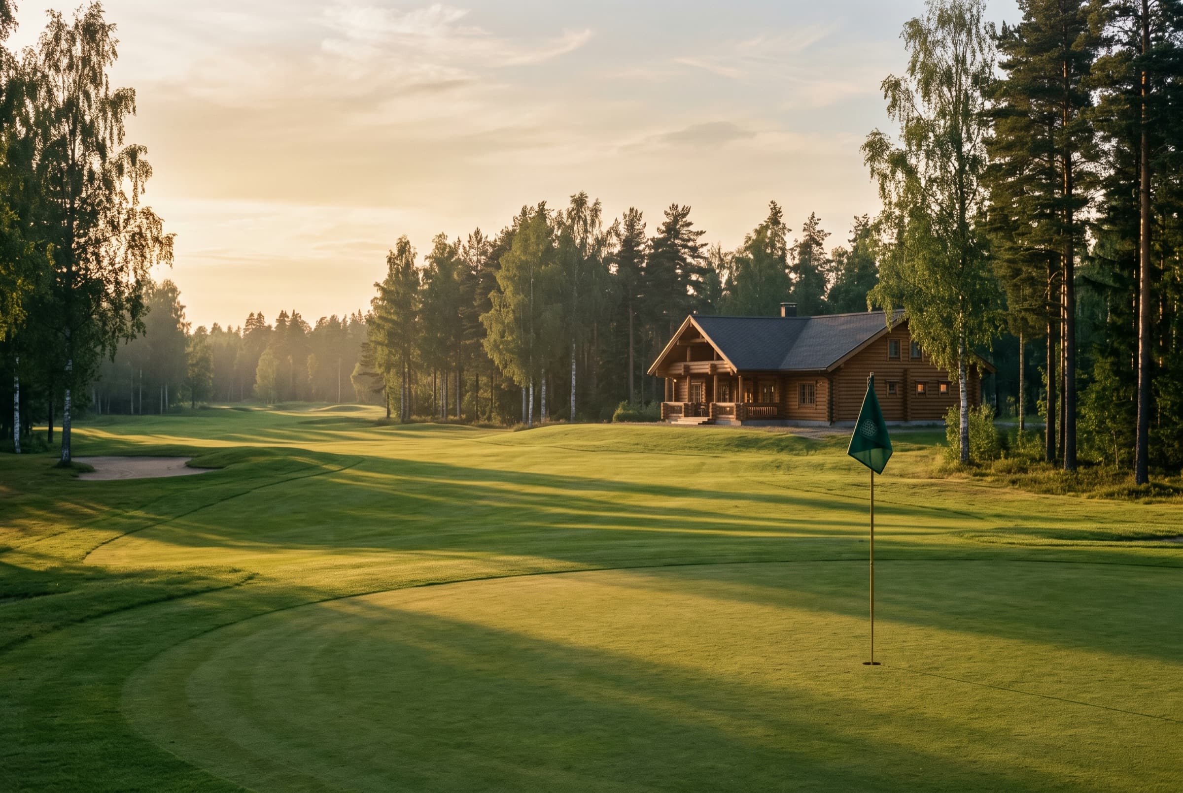 Golfklubitalo ja viheriö iltavalossa